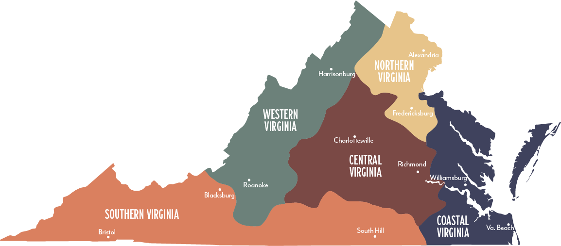 Virginia Regions Map with Cities Web
